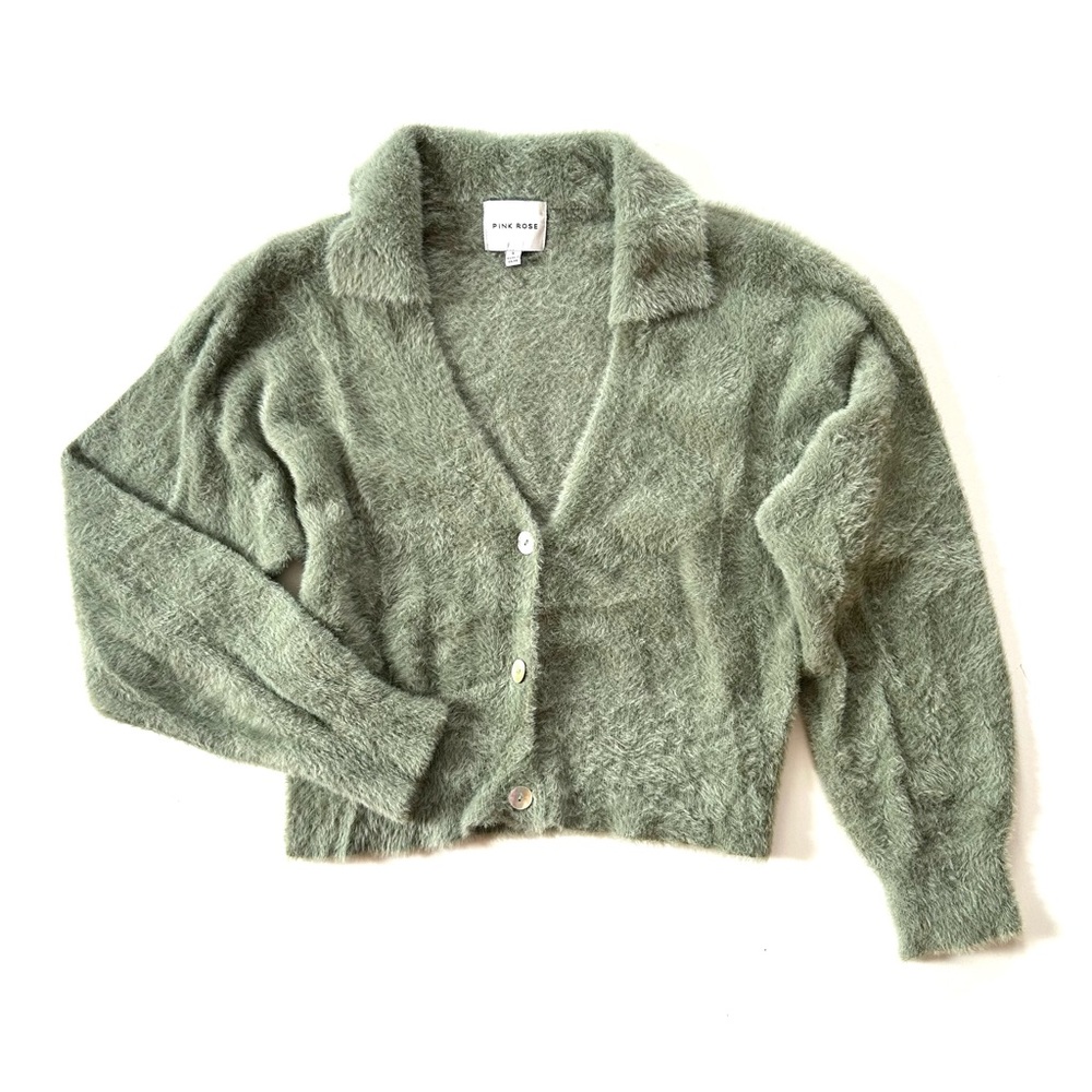 Pink Rose Sage Green Fuzzy Eyelash Collared Button Cardigan Sweater